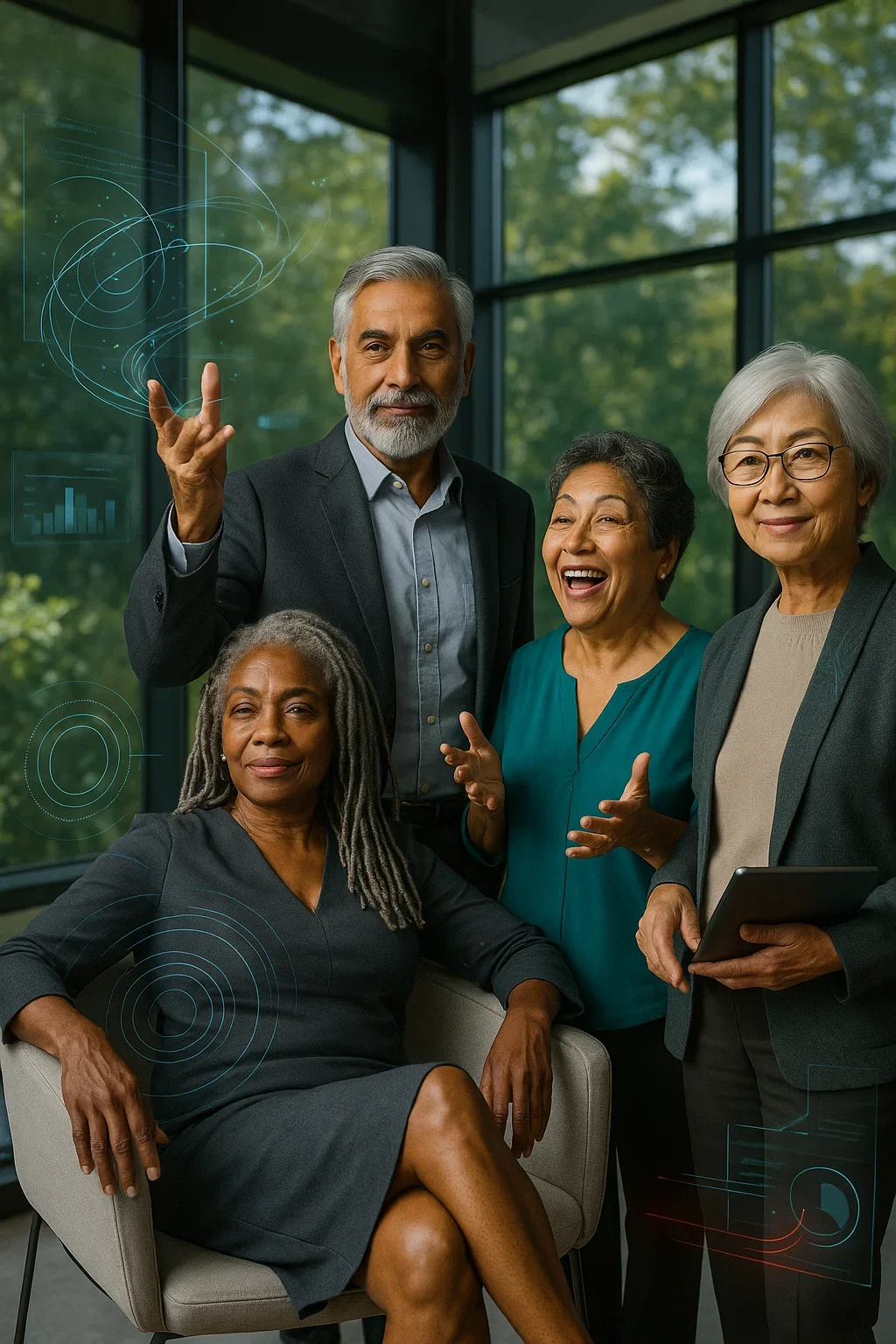 Four diverse professionals aged 55+ in business attire, smiling confidently with AI-themed digital graphics in the background, representing the sophisticated and capable demographic AI4SavvySeniors serves