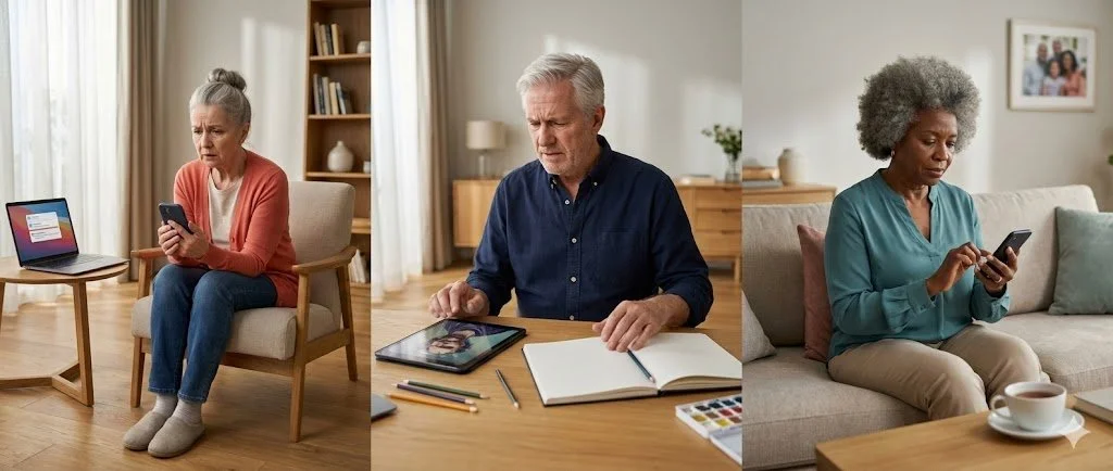 Three-panel image of seniors thoughtfully evaluating technology: woman examining phone with laptop nearby, man reviewing tablet with notebook open, woman carefully using smartphone, illustrating informed skepticism