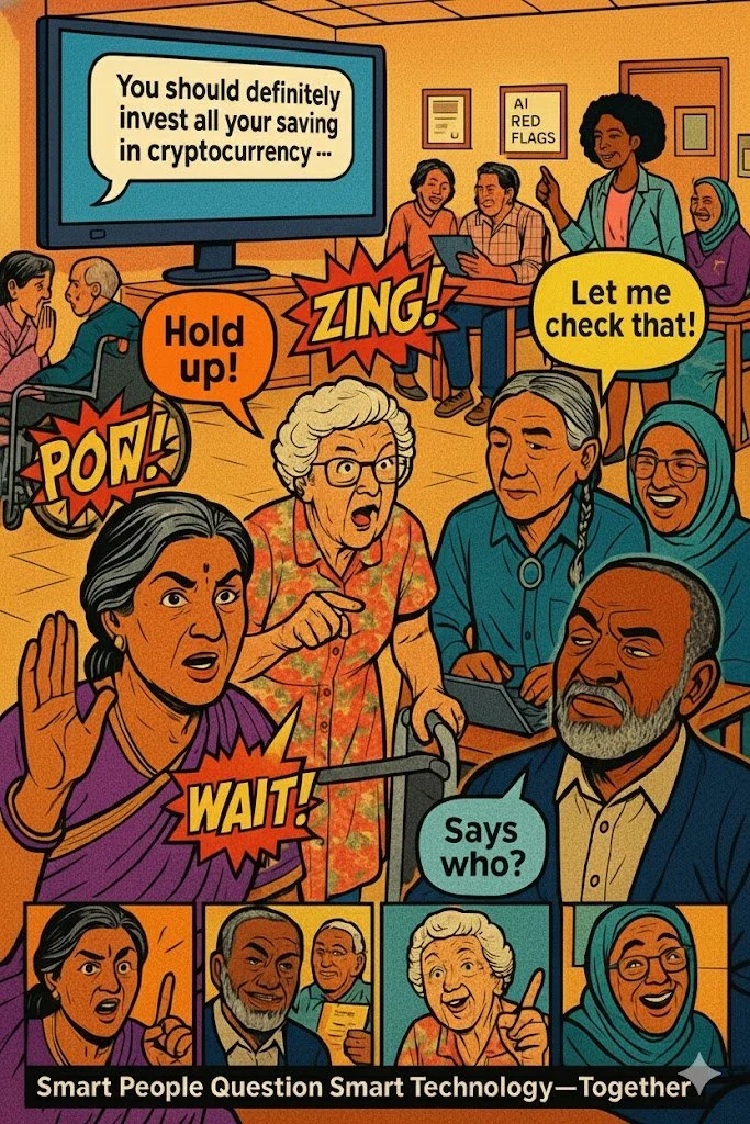 Comic-style illustration showing diverse seniors questioning AI-generated scams with speech bubbles saying 'Hold up!' 'Let me check that!' and 'Says who?' demonstrating healthy skepticism toward technology