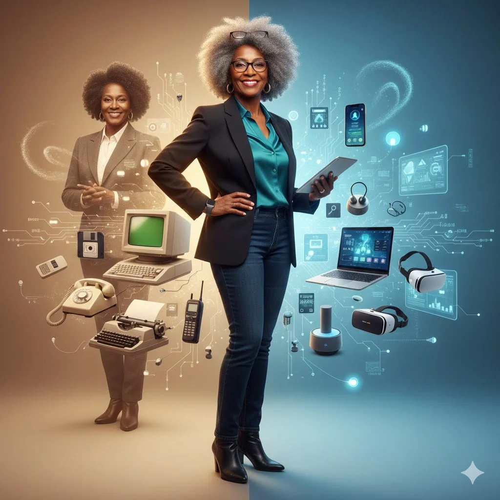 Left Image Alt Text: "Split image showing woman's journey through technology waves: past with vintage computers and phones, present with modern devices, illustrating experienced technology navigation