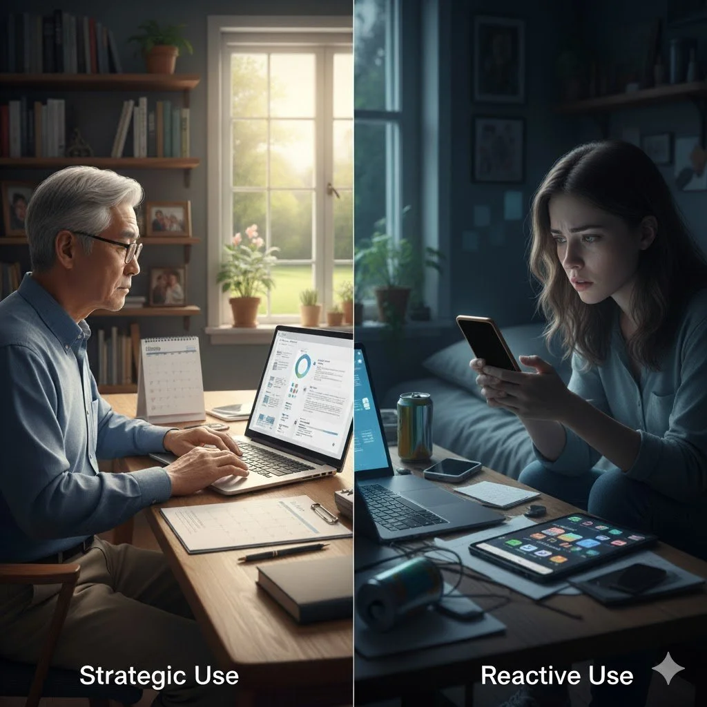 Split comparison: left shows strategic AI use with confident planning, right shows reactive overwhelmed response, illustrating choice in how to engage with technology