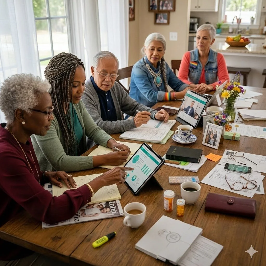 Diverse group of seniors collaborating around table with tablets and materials, practicing beginner prompt techniques in hands-on learning environment