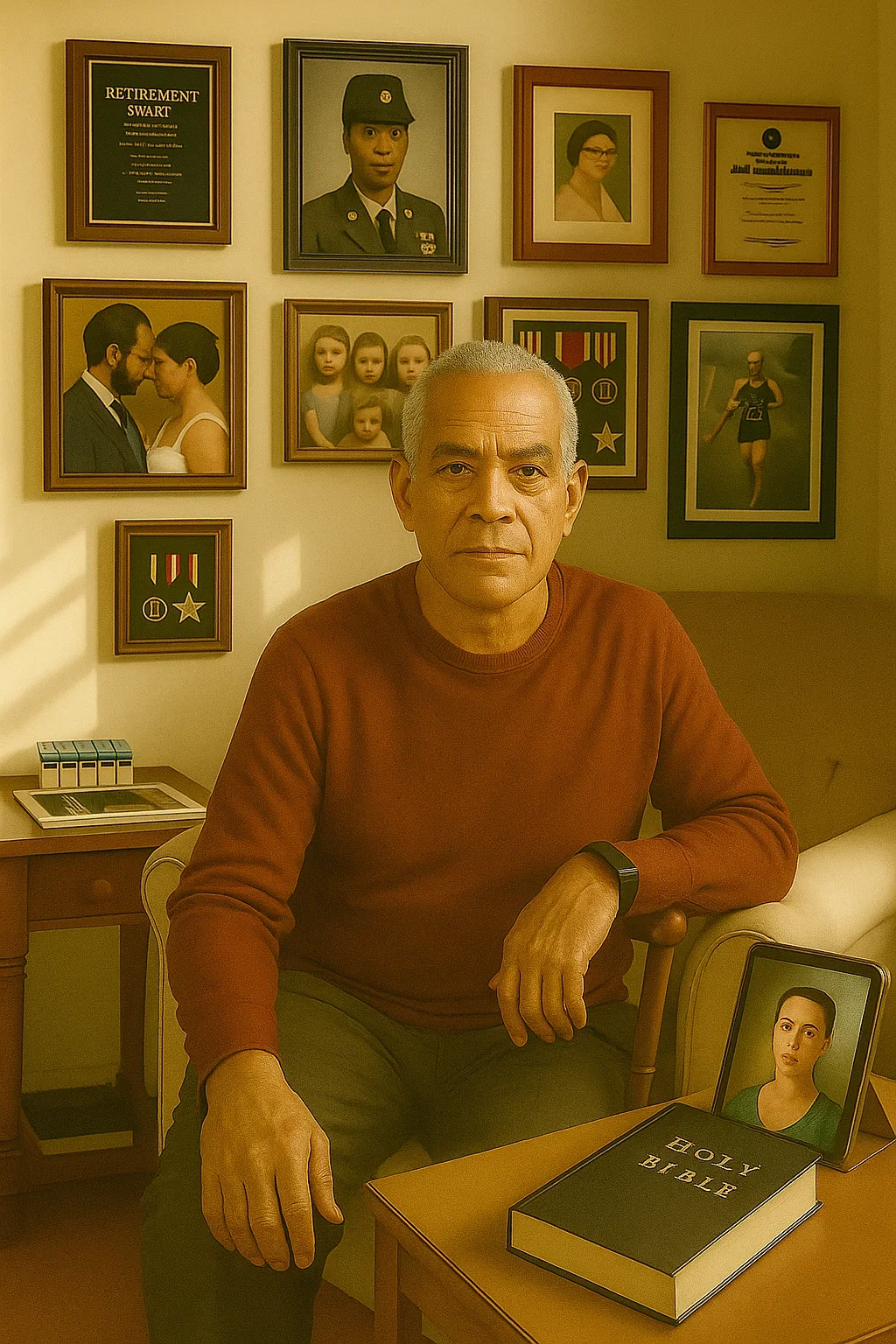 Man at desk surrounded by wall of framed achievements and memories, representing accumulated life experience that AI cannot replicate