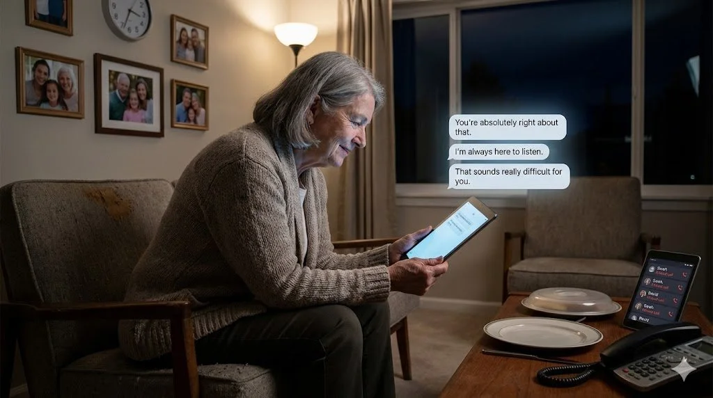 Senior woman absorbed in smartphone at home in evening,  illuminated by device glow, with family photos and missed phone calls  visible in background suggesting isolation despite apparent digital  connection