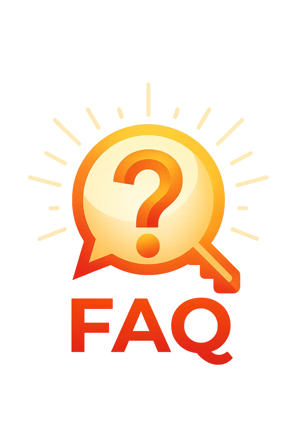 Icon with a yellow speech bubble containing a red question mark and the letters 'FAQ' beneath it, against a background with radiating light rays.