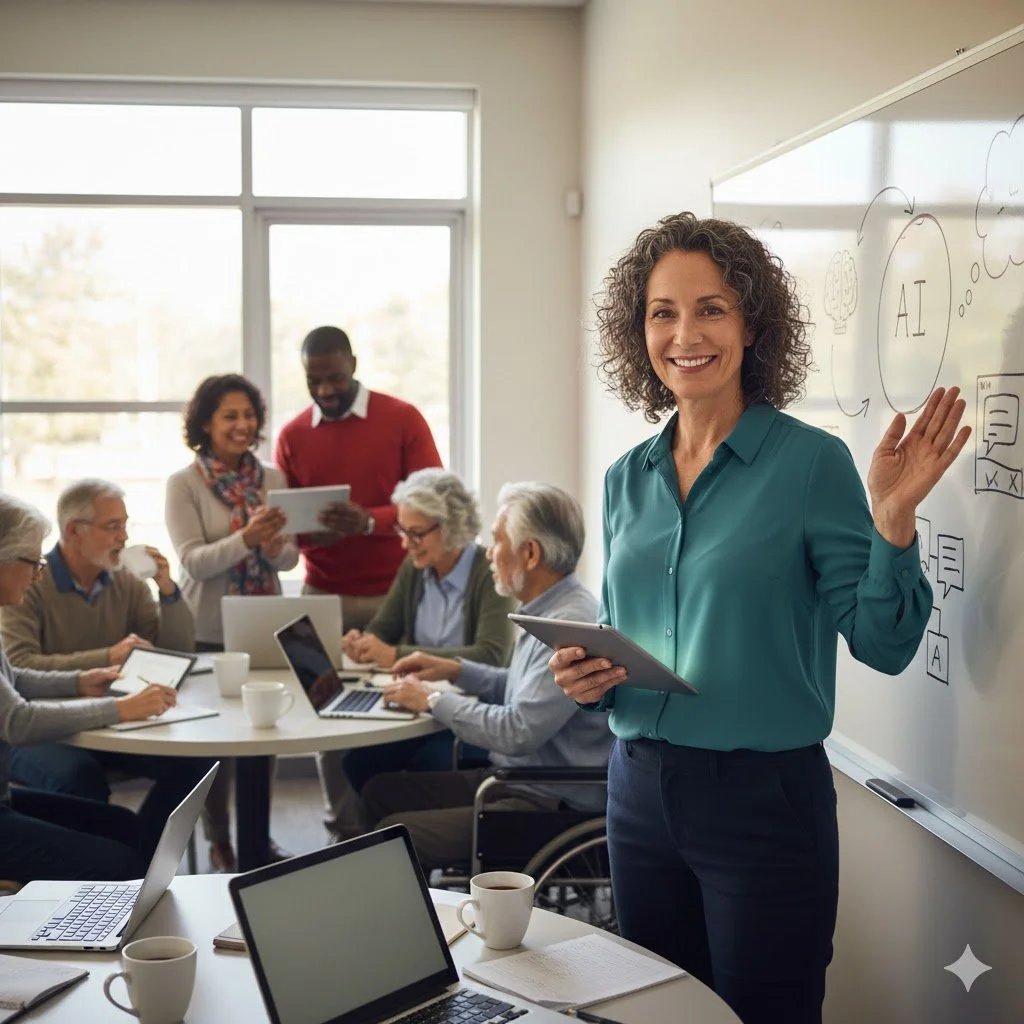 Instructor leading engaged seniors in AI navigation tools workshop at community center, participants taking notes and asking questions