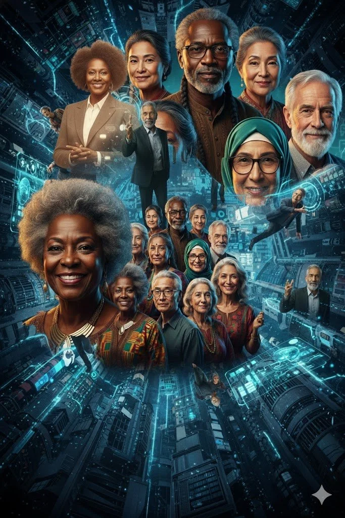 AI-generated montage of diverse seniors with technology graphics, intentionally showing duplicate faces to demonstrate AI's visible limitations and imperfections