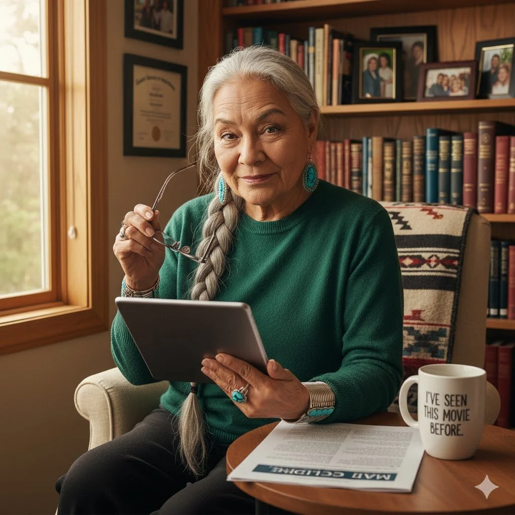 Senior woman with silver braid working independently at laptop with books, demonstrating confident AI research skills and critical verification approach
