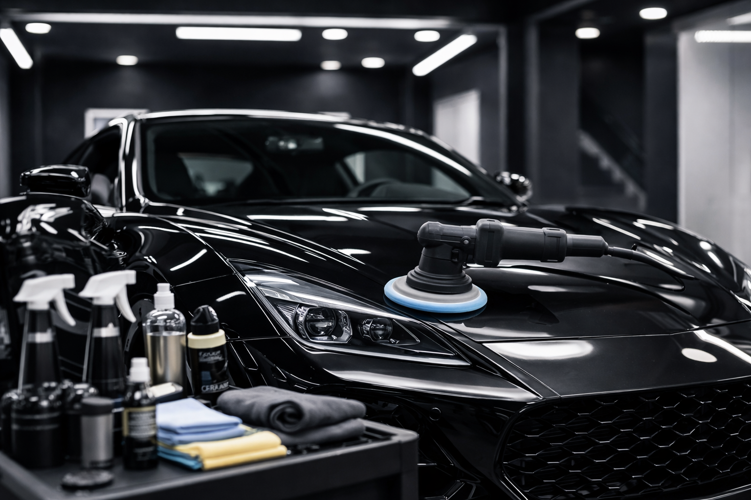 A black sports car being polished with a handheld buffer in an auto detailing shop, with various cleaning and detailing supplies on a nearby cart.