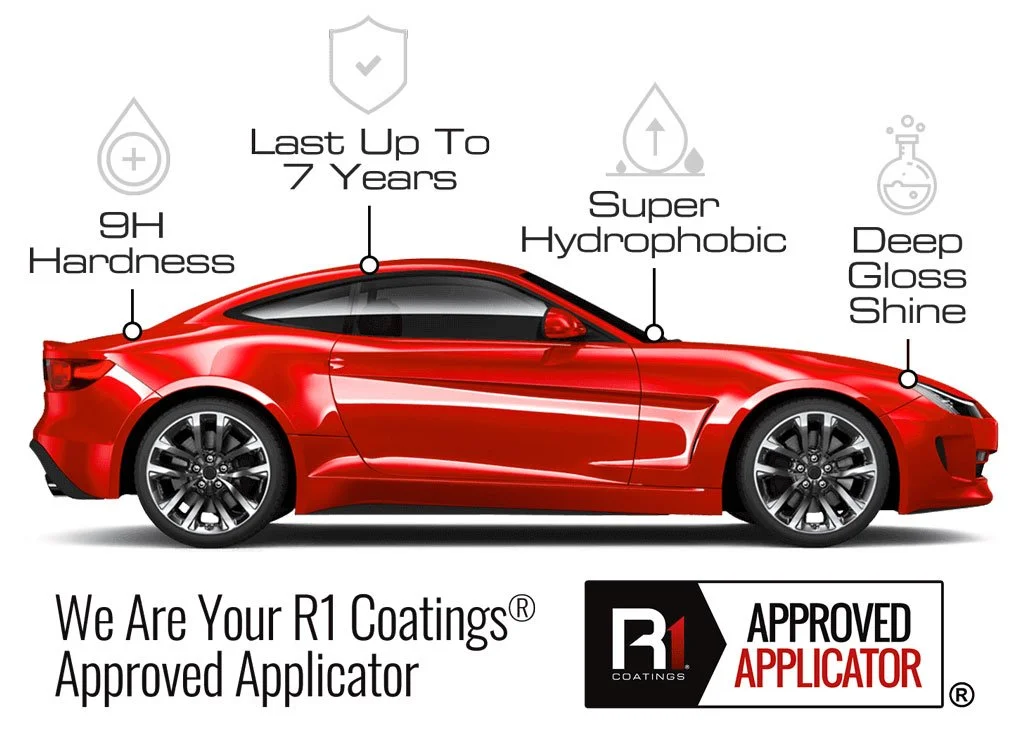 Red car with annotations highlighting its paint durability features, including 9H hardness, last up to 7 years, super hydrophobic, and deep gloss shine, with a logo indicating approval by R1 coatings.
