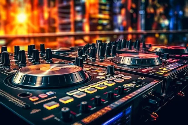 Close-up view of a DJ mixing console with colorful background lighting.