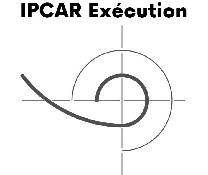 Graphique avec texte "IPCAR Exécution" et une spirale noire sur un fond blanc, semblant représenter un diagramme ou un schéma.