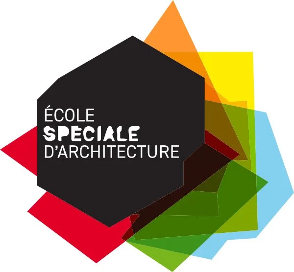Logo de l'école d'architecture spéciale avec des formes géométriques colorées en arrière-plan.