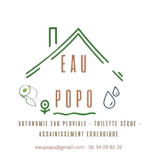 Logo d'une société de pompage d'eau représentant une maison avec un toit en forme de triangle, des gouttes d'eau, et des éléments liés à l'écologie.