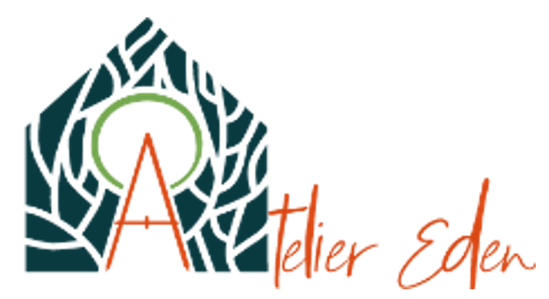 Logo d'Atelier Eden avec un symbole de feuille stylisée et le nom écrit en rouge