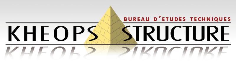 Logo avec un triangle en or et le texte 'KHEOPS STRUCTURE' et 'BUREAU D'ÉTUDES TECHNIQUES' en rouge.