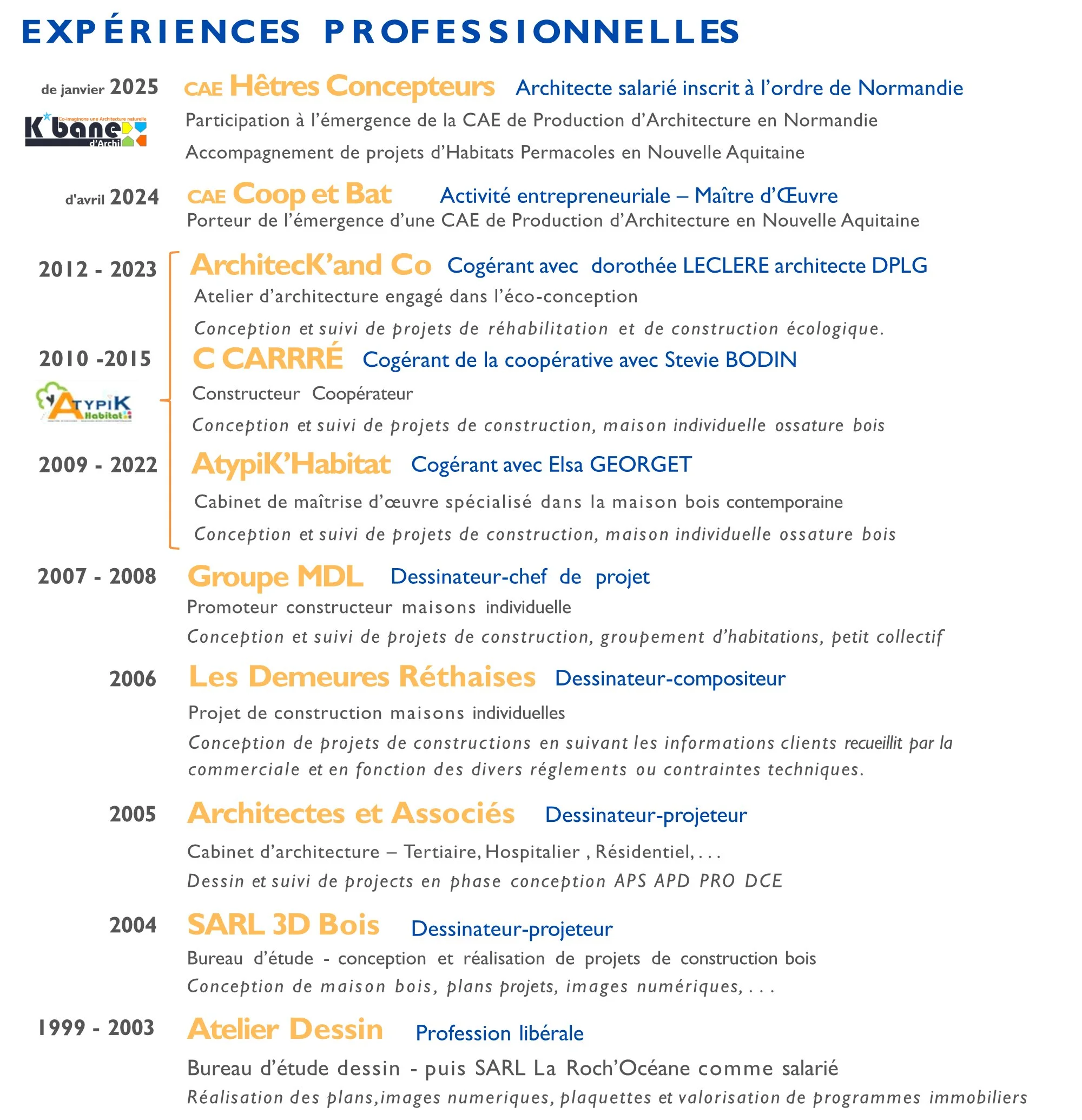 Liste des expériences professionnelles d'une personne, comprenant des postes et formations dans le domaine de l'architecture et de la construction, avec des dates et des descriptions de responsabilités et projets.