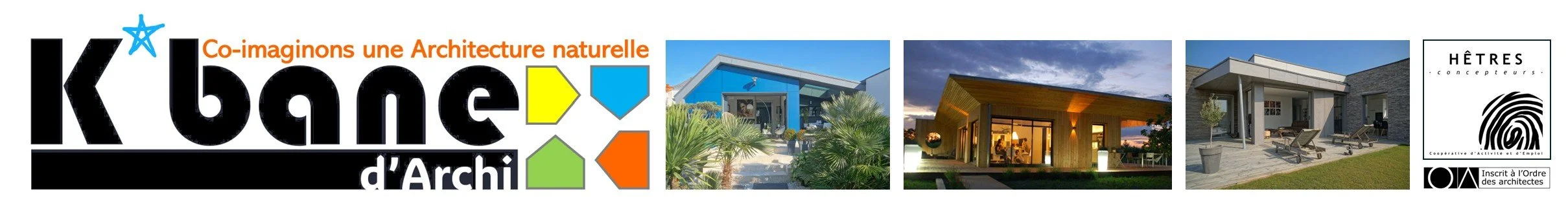 Bannière promotionnelle pour K' bath d'Architécture mettant en avant des designs d'architecture en images avec le titre "Co-imaginons une Architecture naturelle" et des logos de partenaires.