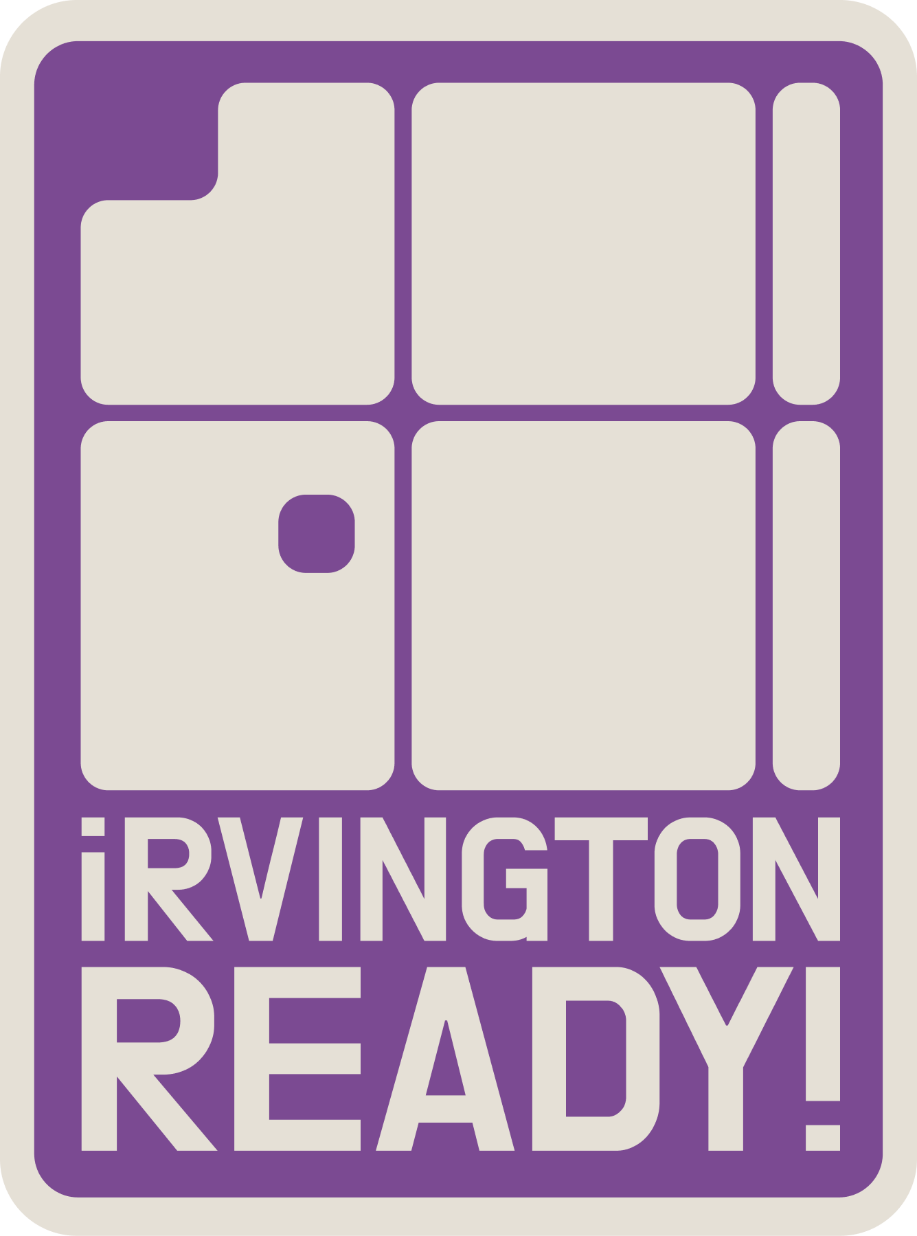 A purple and beige icon of a collection of windows with the text 'Irvington Ready!' underneath.