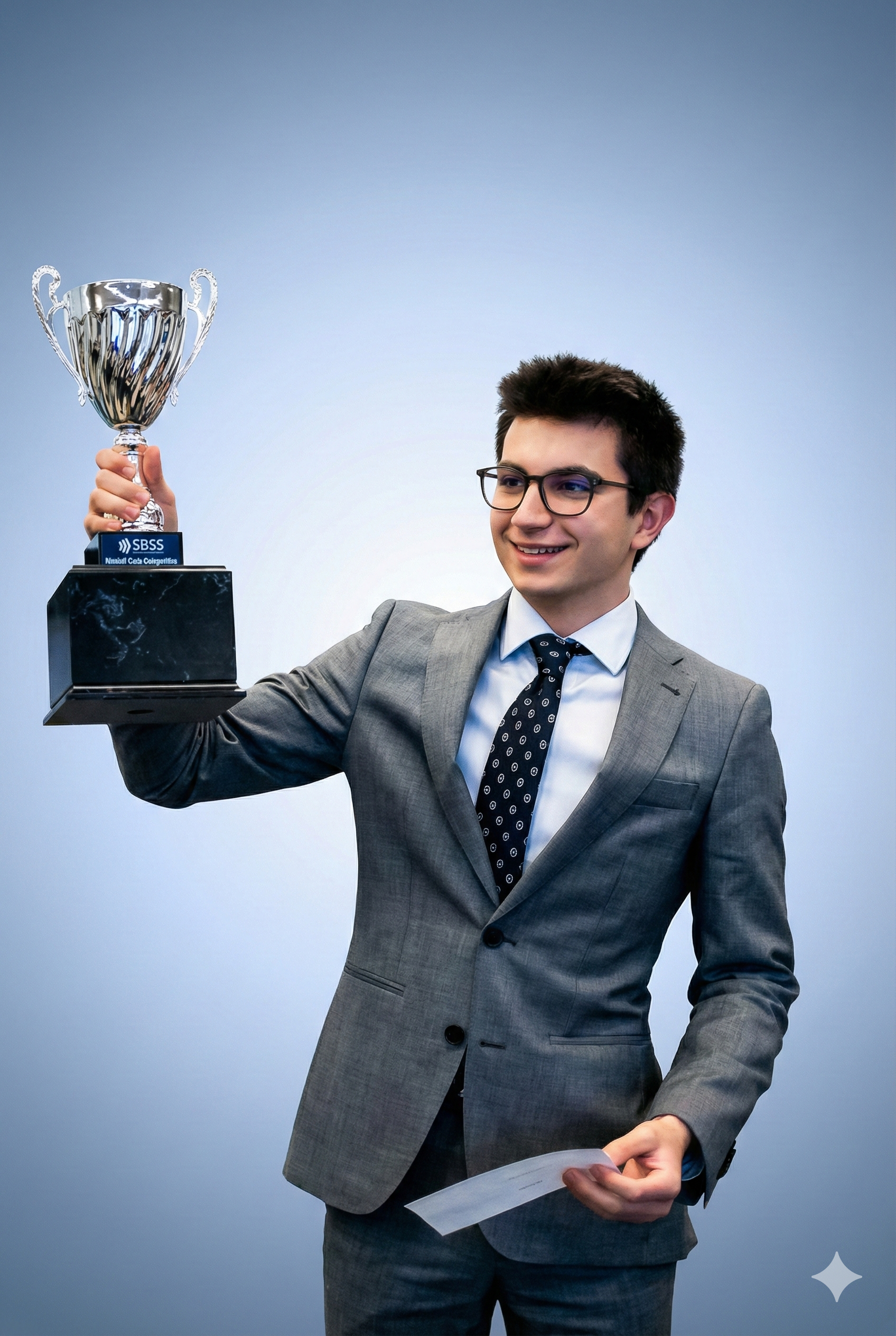Young man in gray suit and glasses holding a trophy and smiling.