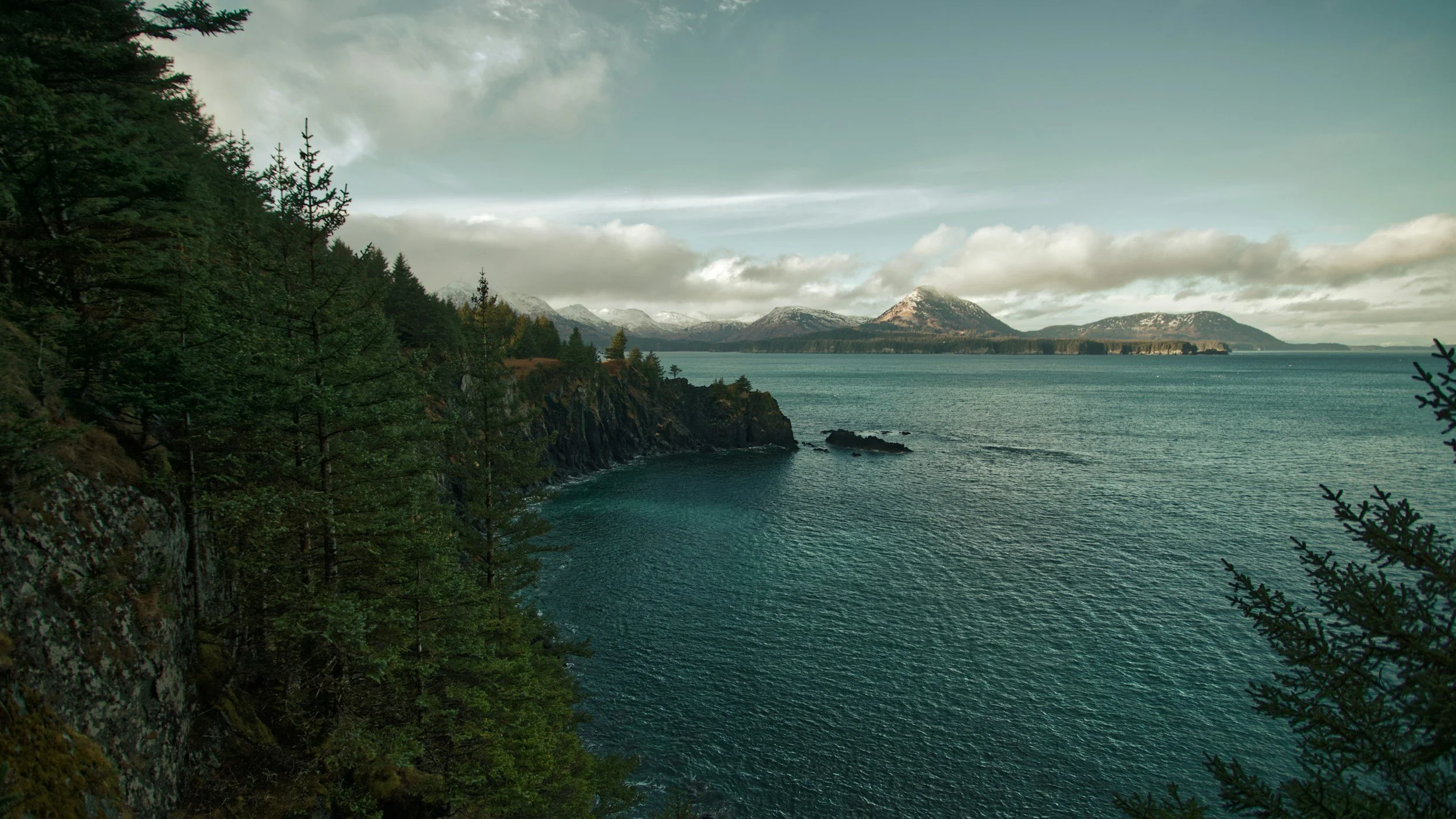 A coastal landscape with pine trees on a rocky cliff in the foreground, calm ocean waters below, and snow-capped mountains in the background under a partly cloudy sky.