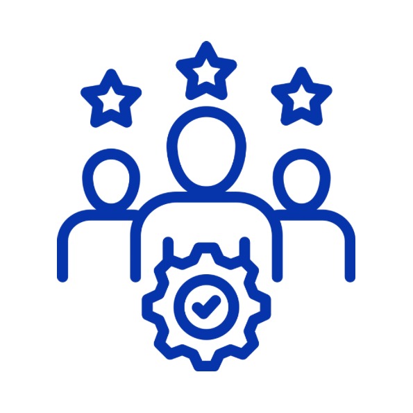 Line drawing of three people with stars above their heads and a gear with a check mark in front, symbolizing team recognition or achievement.