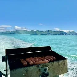 Grill with sausages cooking on a beach with water and mountains in the background