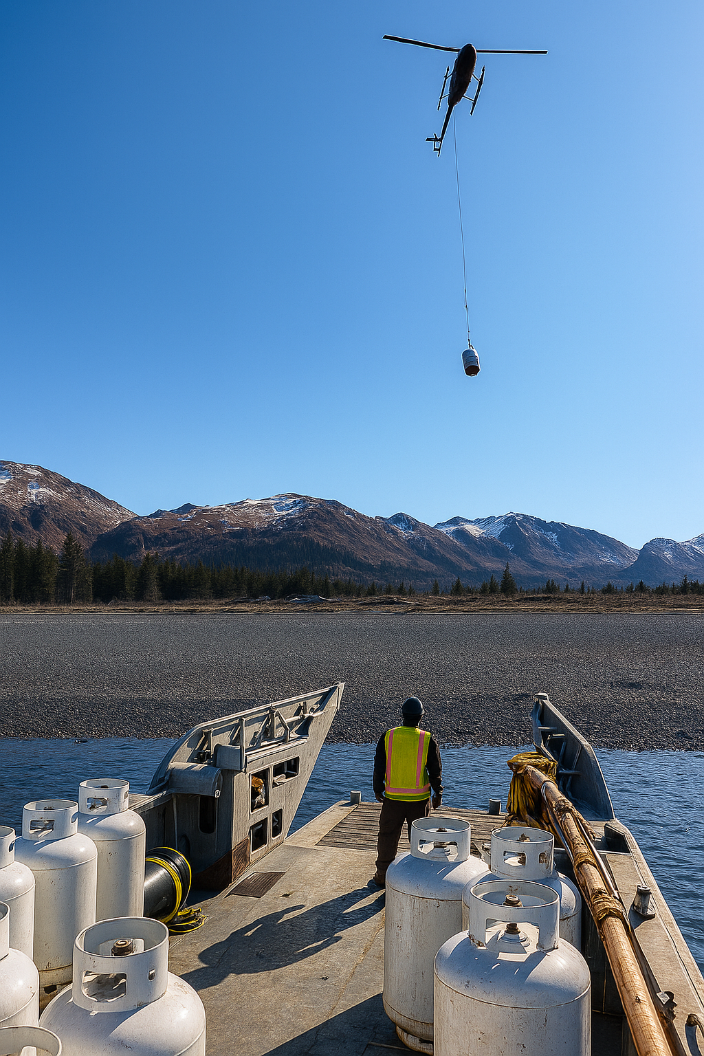 Helicopter appears to be dumping water over a mountain landscape, with a person on a boat in the foreground equipped with gas tanks, likely for firefighting purposes.