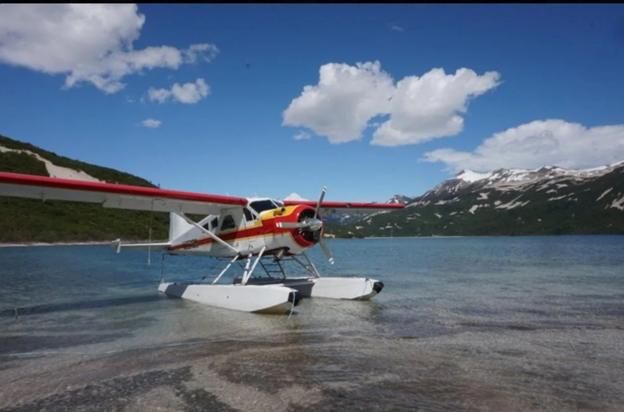 A floatplane on a body of water with snowy mountains and green hills in the background under a partly cloudy blue sky.