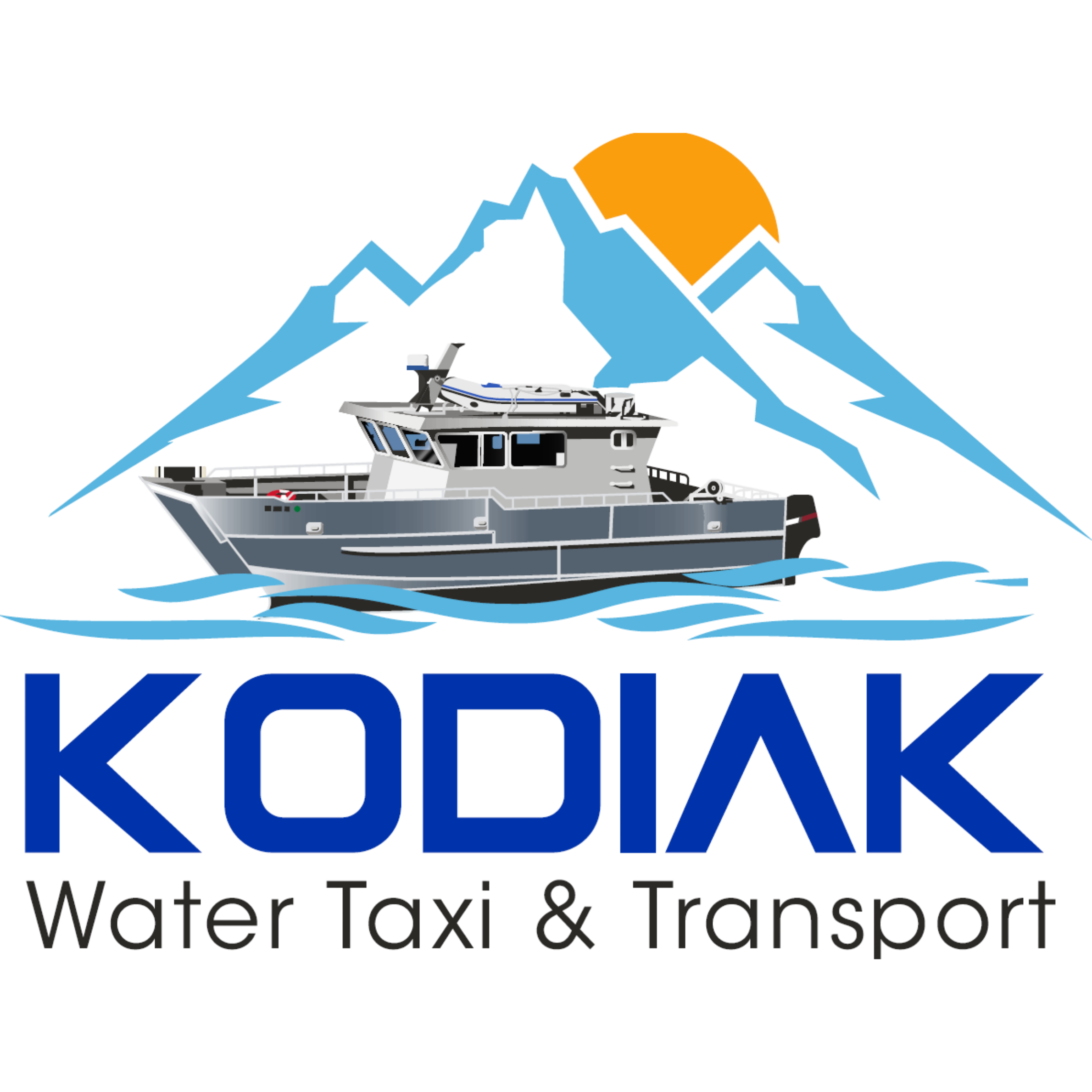 KODIAK Water Towing and Transport logo with a boat and a mountain in the background.