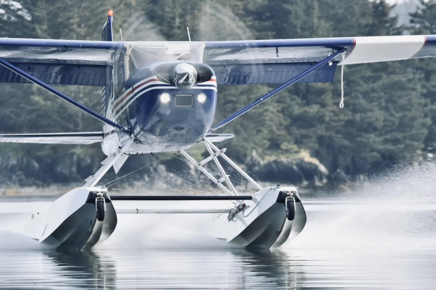 A seaplane taking off from the water, with trees and a shoreline in the background.