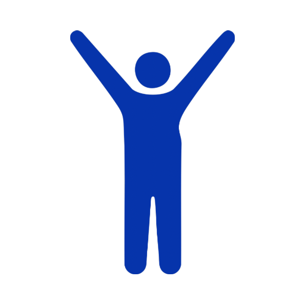Blue silhouette of a person with arms raised in celebration or victory.