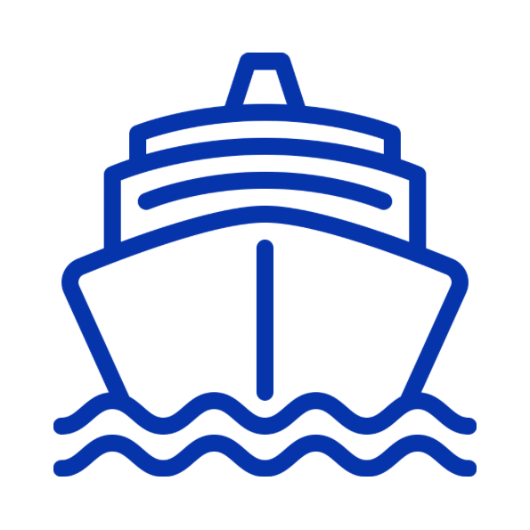 Line drawing of a boat approaching the viewer with waves in front.