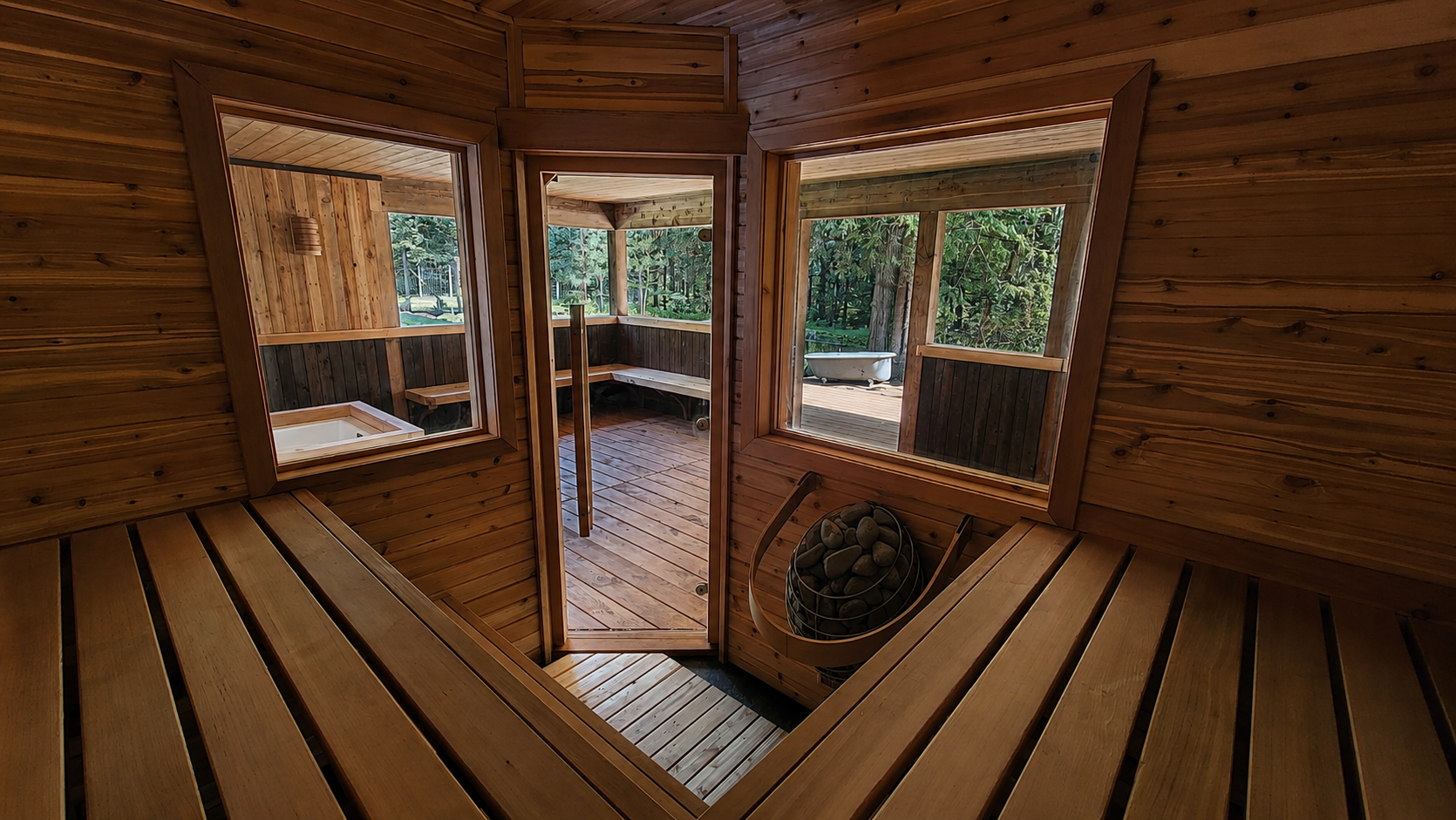 Sauna, Cold Plunge, Sun Room Built on Vancouver Island to Compliment Natural Swimming Pond