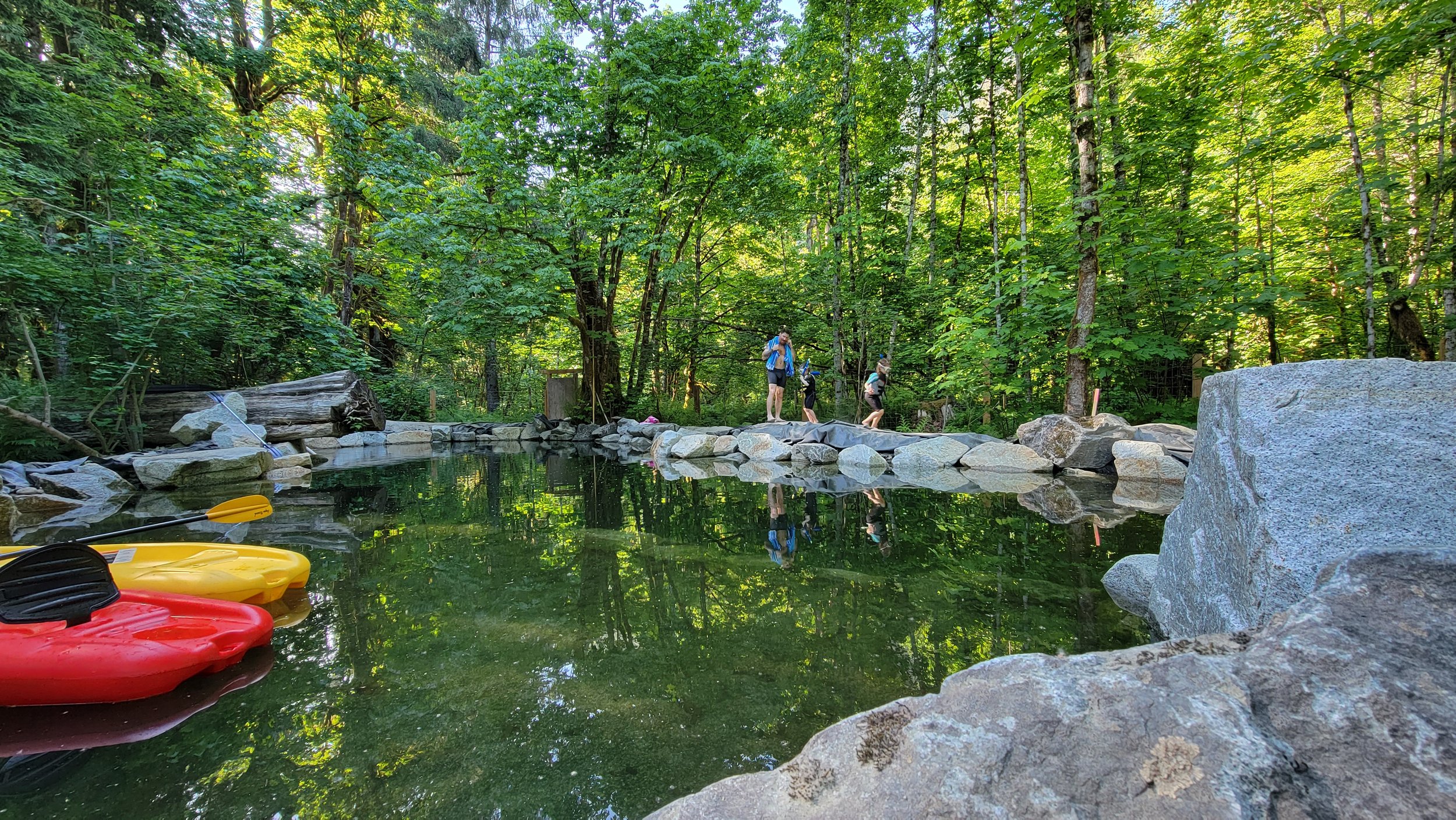 Large natural swimming pond with a diving board, designed to accommodate groups while blending seamlessly into the landscape