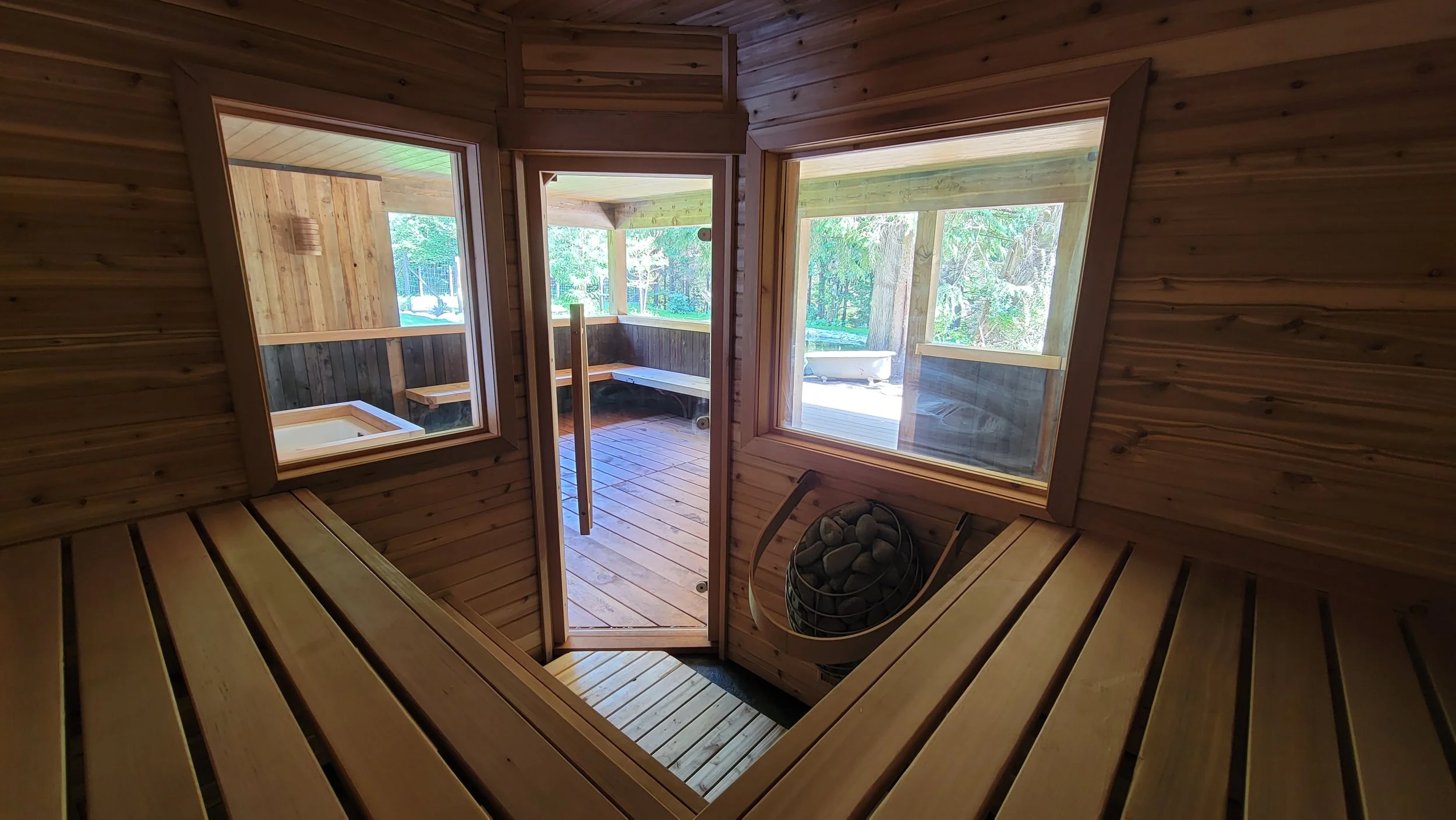 Sauna, Cold Plunge, Sun Room Built on Vancouver Island to Compliment Natural Swimming Pond