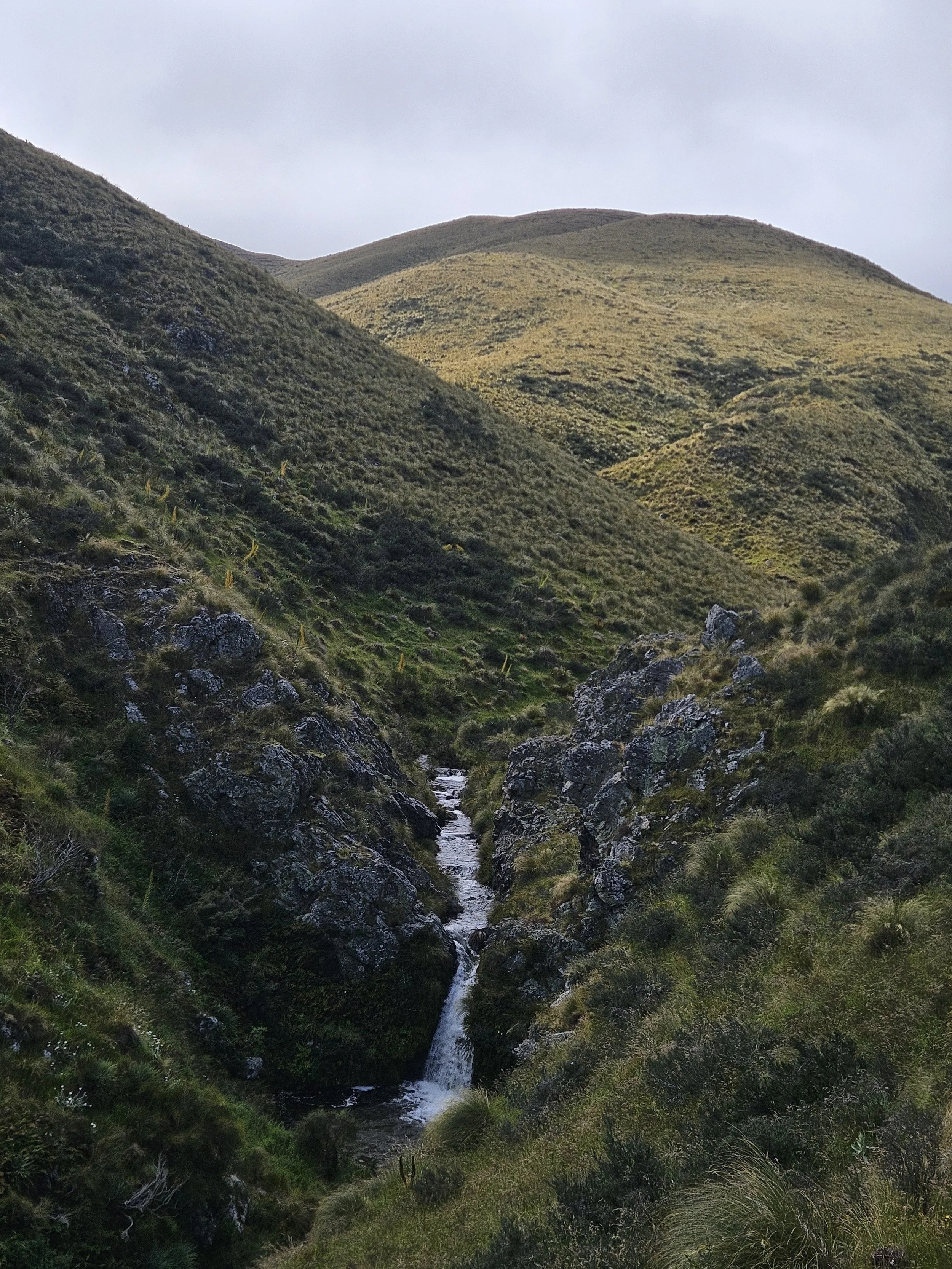 A mountainous landscape with a small waterfall flowing between rocks in a green valley, surrounded by rolling hills covered in grass and shrubs.