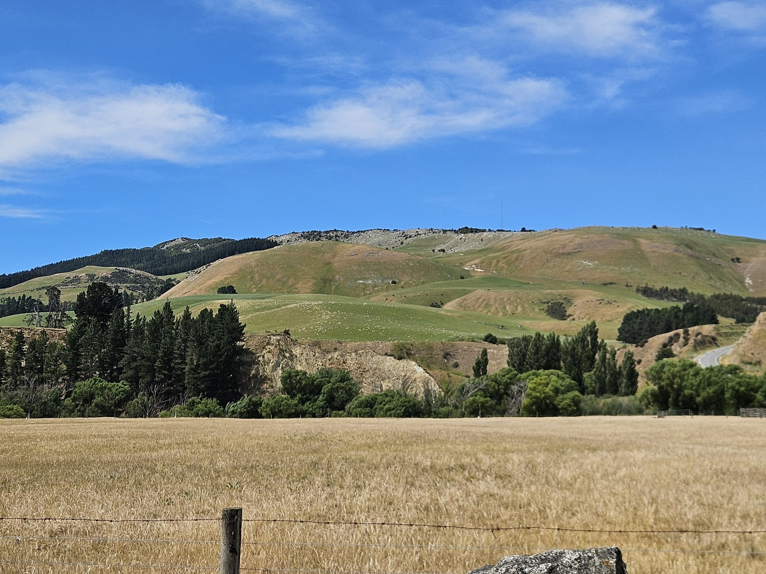 Rolling green hills and a dry field under a blue sky with few clouds.
