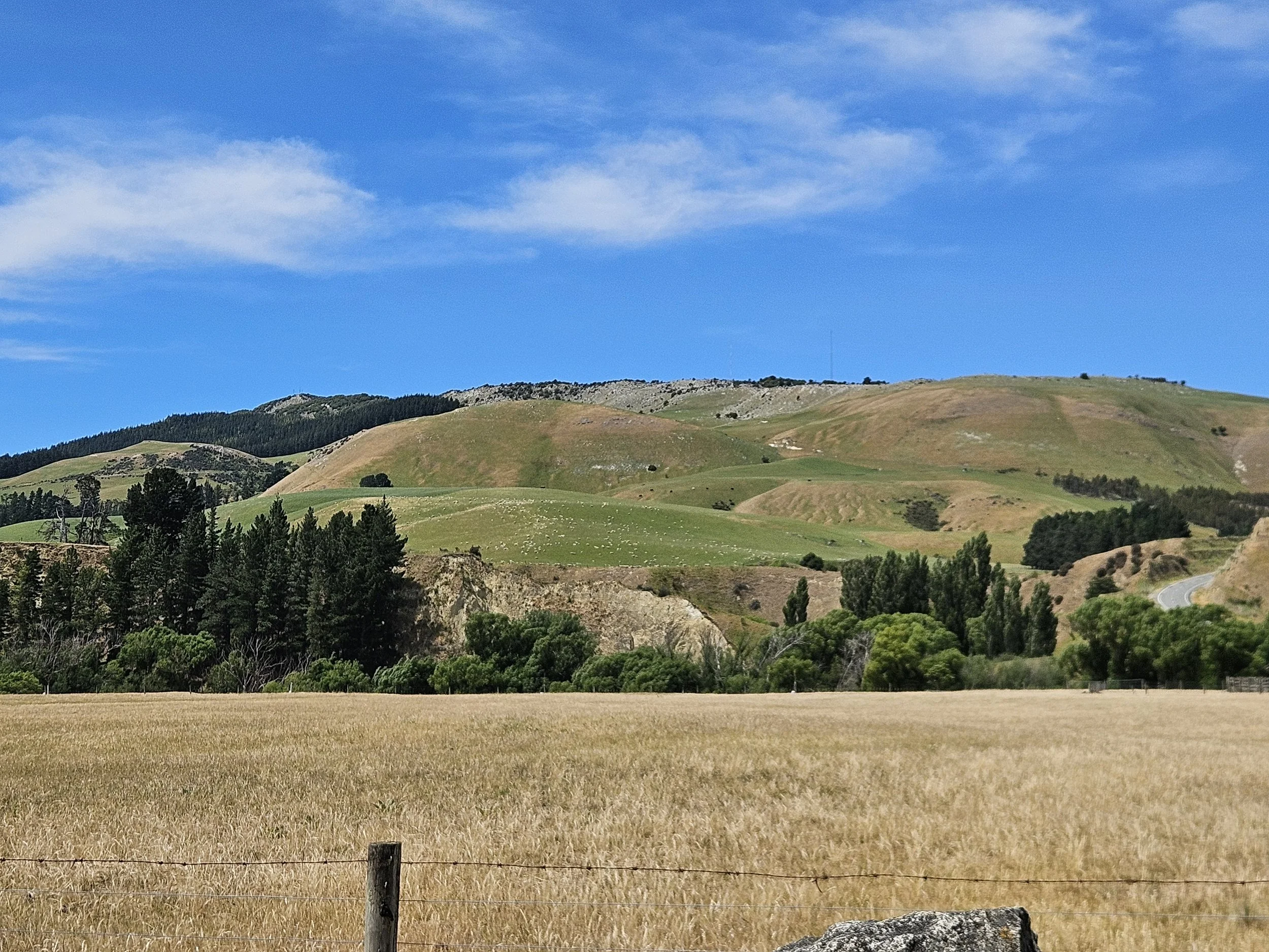 Rolling hills and green fields under a blue sky with wispy clouds, with trees and a fence in the foreground.