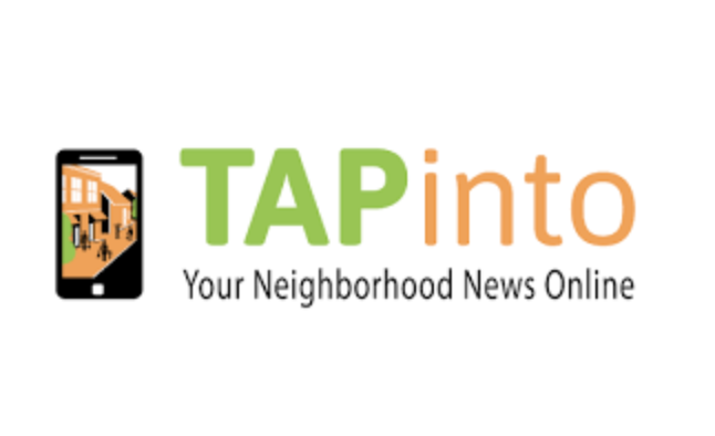 Logo for TAP into with a smartphone icon, the text 'TAP into Your Neighborhood News Online'.