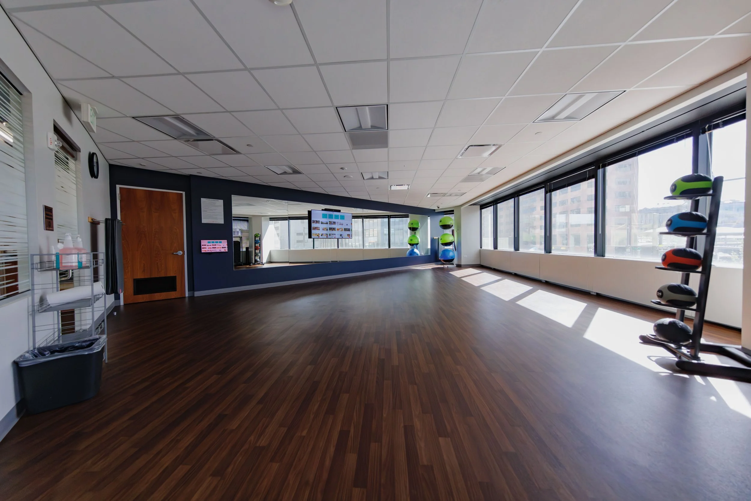 Empty fitness or yoga studio with dark wood flooring, large windows along one wall, exercise balls stored on a rack, and a large mirror with a TV monitor on the wall.