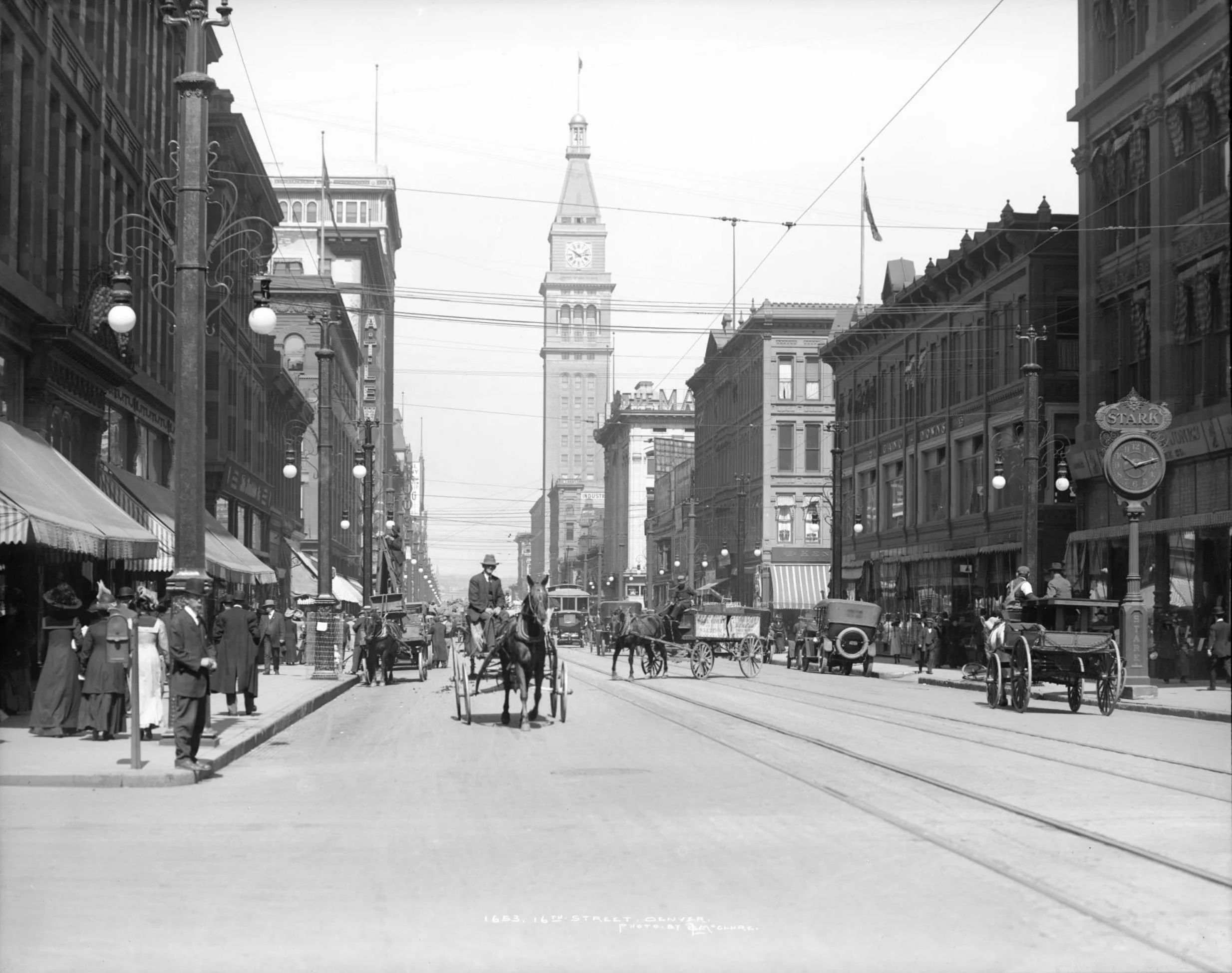 Historical black-and-white photograph of Market Street in San Francisco, featuring horse-drawn carriages, pedestrians, and buildings with storefronts, with a clock tower in the background and overhead trolley wires.