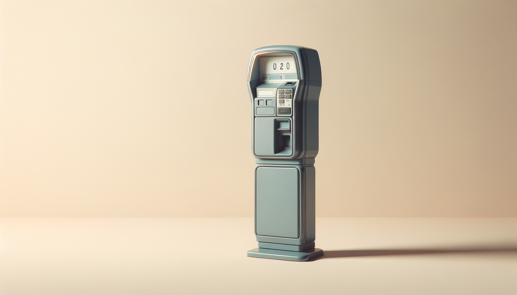 A vintage parking meter with a digital display on a beige background.