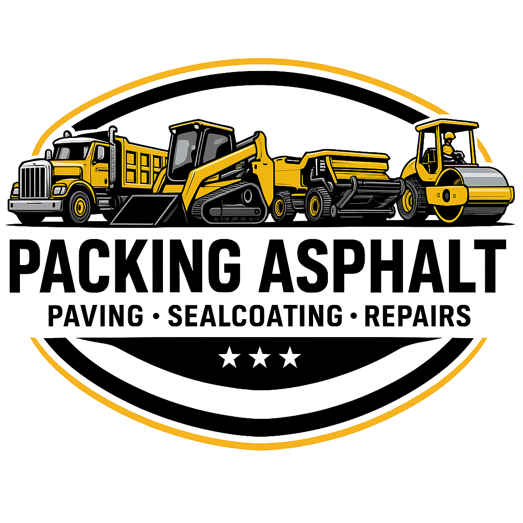 Logo for Packing Asphalt, featuring illustrations of a dump truck, bulldozer, asphalt paver, and road roller in yellow and black, with text indicating services like paving, sealcoating, and repairs.