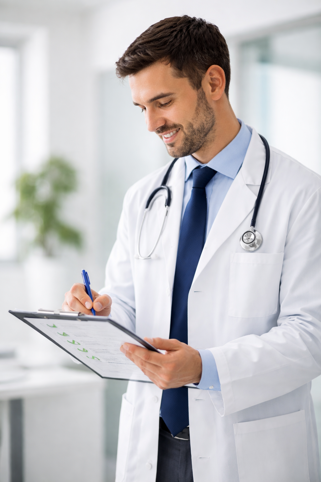 doctor performing medical assessment for employee in white coat