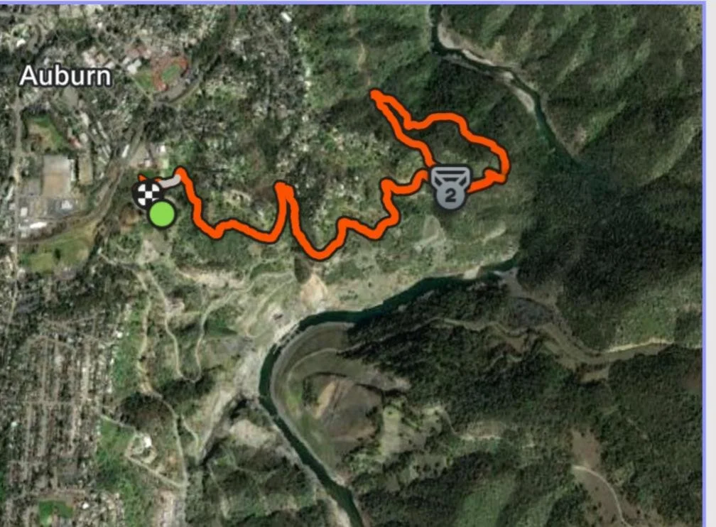 Satellite map showing a winding trail in a hilly, green area near Auburn with a trail starting point marked by a green dot and an ending point marked by a checkered flag.
