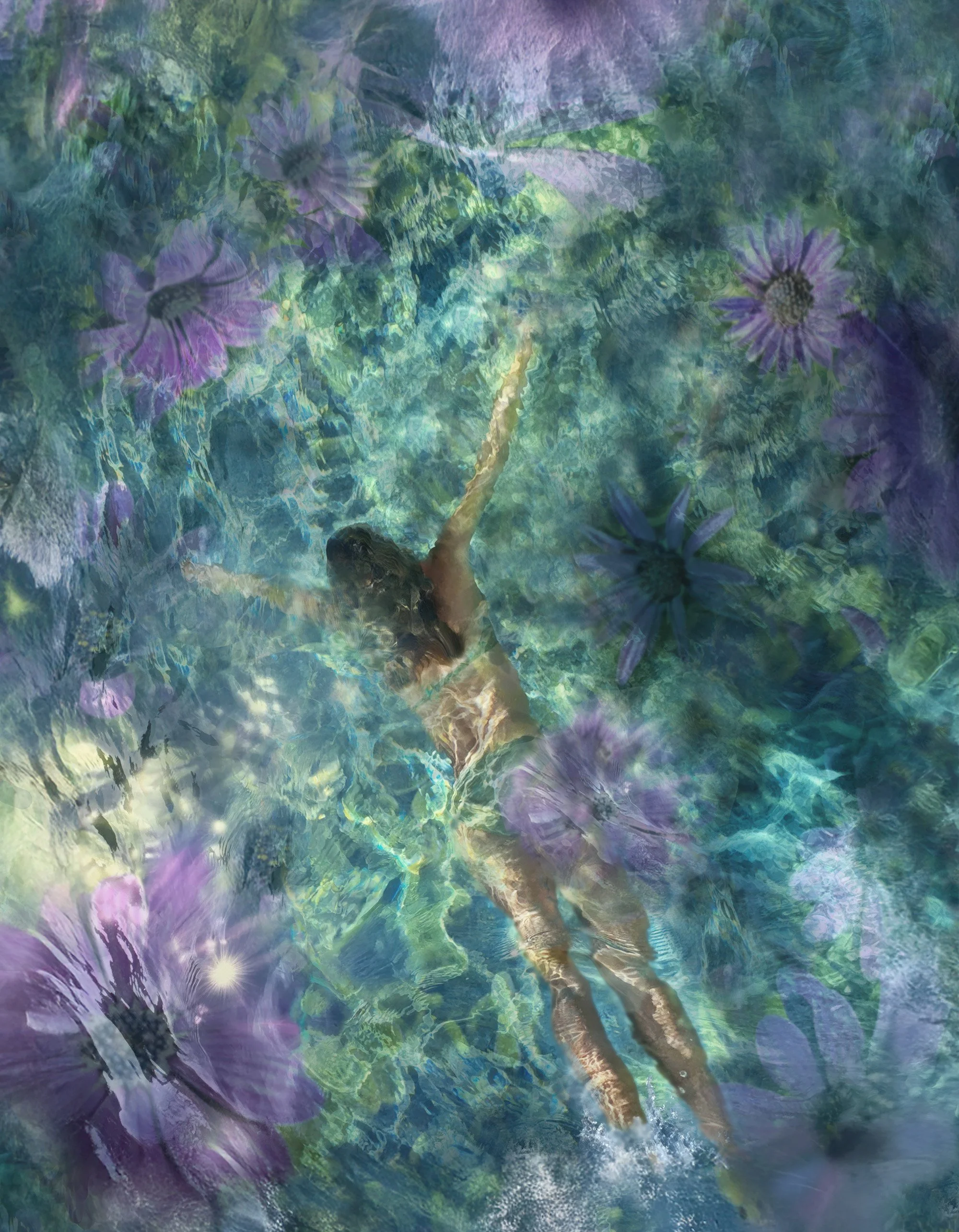 A woman swimming underwater surrounded by colorful flowers and abstract water reflections.