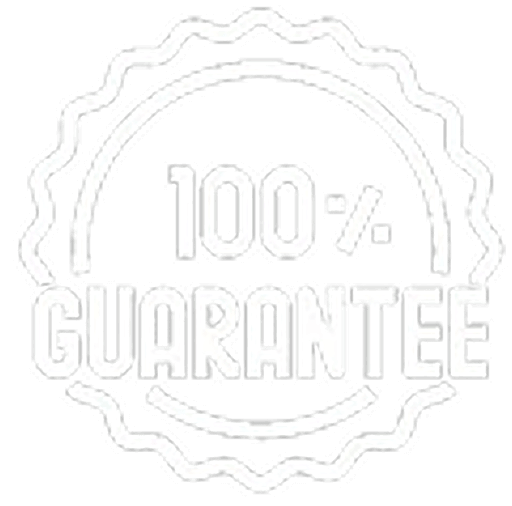 Badge with a wavy border that says "100% Guarantee" in the center.