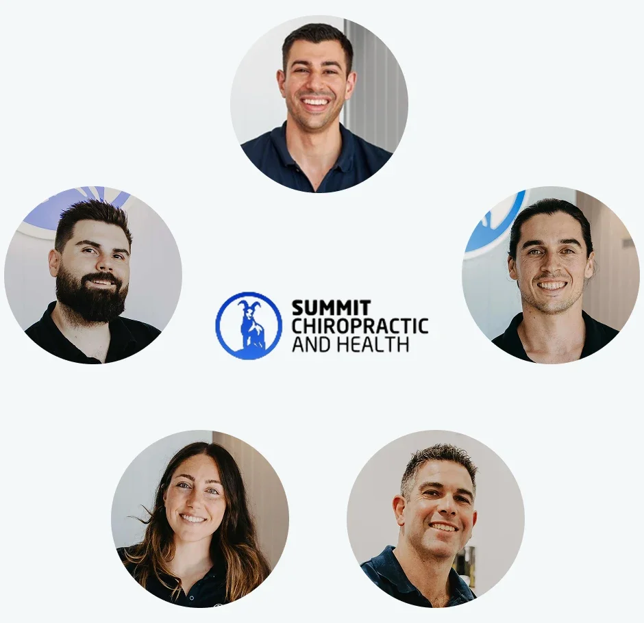 A group photo of five people with the Summit Chiropractic and Health logo in the center, featuring three men and two women.