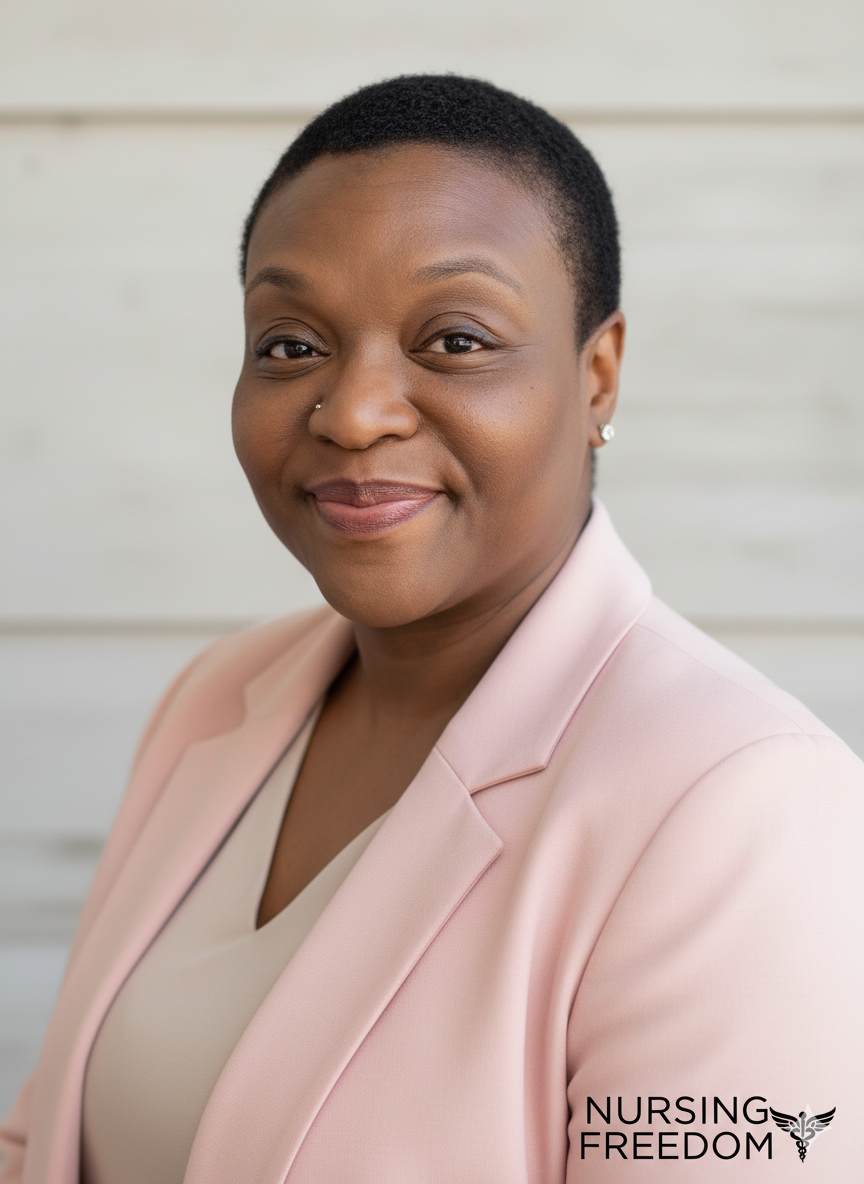 A smiling African American woman with a short haircut, wearing a light pink blazer and earrings, against a light background.